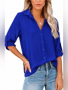 Sunshine + Sky Royal Blue Button Front Blouse Roll Tab Sleeve Top Medium